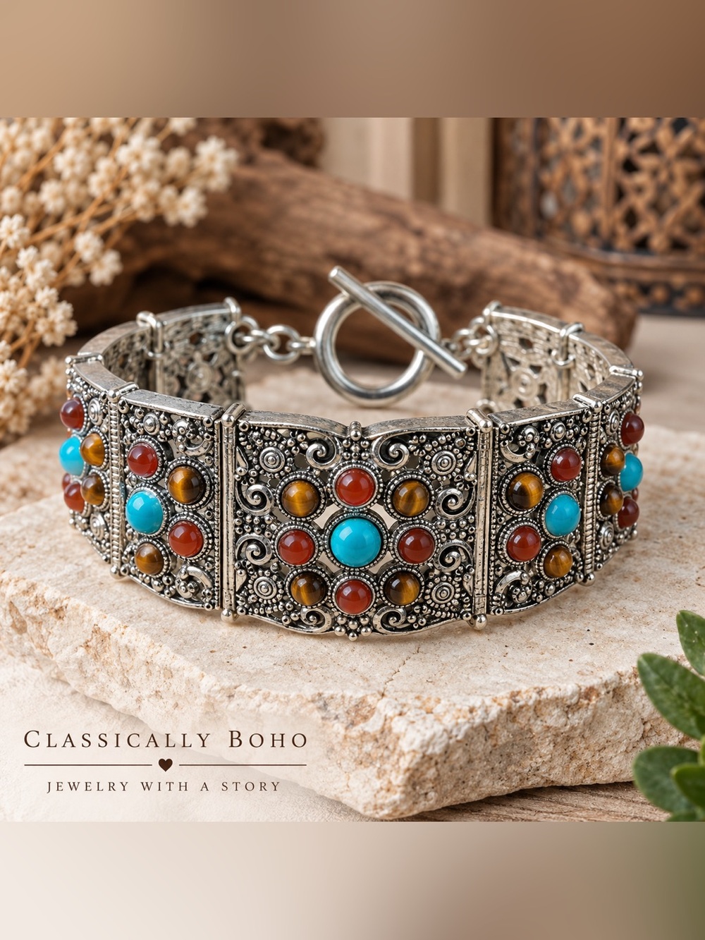 Boho Bracelet- Cuff style with toggle clasp - Tigers Eye, Carnelian, Turquoise